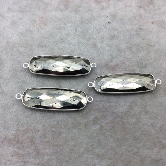 Sterling Silver Faceted Rectangle Shaped Natural Pyrite Bezel Connector Component - Measuring 14mmx38mm - Sold Individually, Random