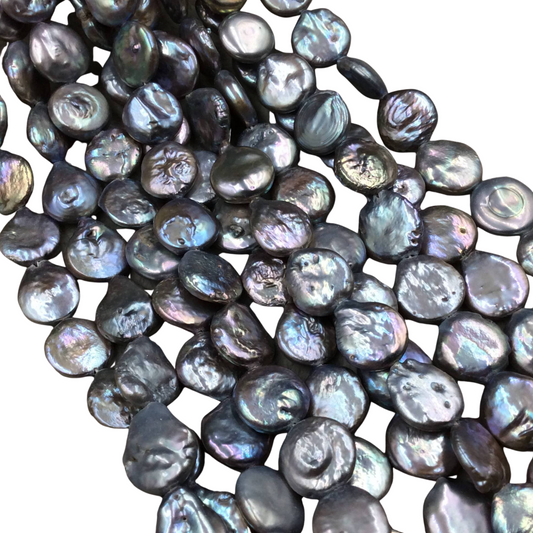 10-14mm Natural Iridescent Silver Freshwater Pearl Freeform Coin Beads, Sold per 15.5" Strand ~ 30 pearls per strand - Natural Pearl Beads