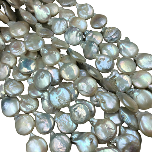 12-15mm Natural Irisdescent White Freshwater Pearl Freeform Coin Beads- Sold per 15.5" Strand ~ 26 pearls per strand - Natural Pearl Beads