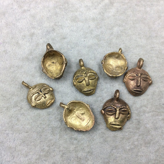 22mm-25mm Hand Made Oxidized Copper/Brass Plated Very Rustic African/Tribal Mask Pendant From Ghana with Attached Ring And Hollow Back -