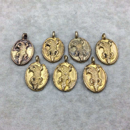 19mm x 23mm Hand Made Oxidized Copper/Brass Plated Very Rustic Oval Shape Crocodile Pendant From Ghana W Attached Ring And Flat Back -