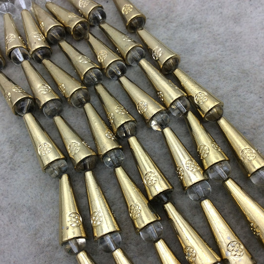 Gold Finish Embossed Hollow Cone Shape Plated Pewter Beads (02419)- 8" Strand (Approx. 8 Beads) - 7mm x 20mm - 1mm Hole Size