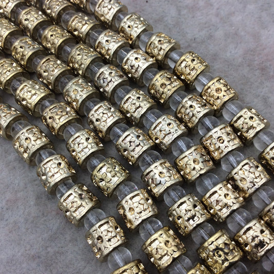 Gold Finish Daisy Pattern Tube Shape Plated Pewter Beads (43230)- 8" Strand (Approx. 15 Beads) - 8mm x 8mm - 5mm Hole Size