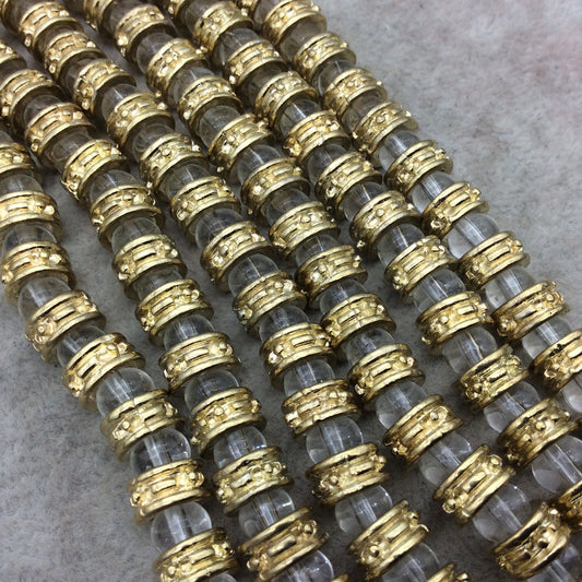 Gold Finish Dot Dash Pattern Wheel/Donut Shape Plated Pewter Beads (25185)- 8" Strand (Approx. 22 Beads) - 5mm x 8mm - 6mm Hole Size