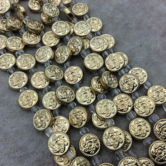 Gold Finish Gear Design Flat Coin Shaped Plated Pewter Beads (26874)- 7-8" Strand (Approximately 15 Beads) - 10mm Diameter - 1mm Hole Size