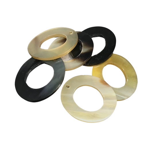 1.5" Semi-Transparent Black/Brown Open Oval Shaped Lightweight Natural Horn Pendant Component with 2mm Hole - Measuring 33mm x 39mm