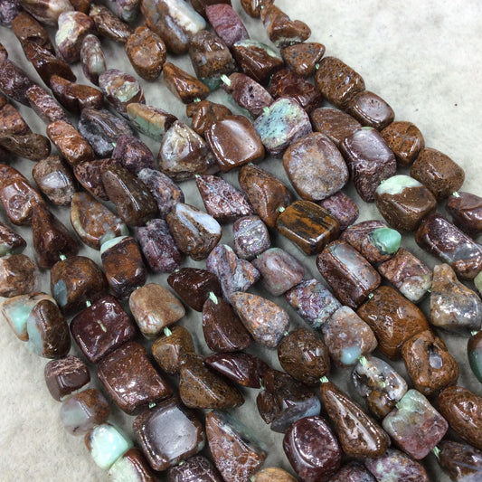 Brown/Green Chrysoprase Faceted Tumbled Nugget Beads - 15" Strand (~ 38 Beads) - Measure 8-12mm x 10-15mm - Natural Semi-Precious Gemstone