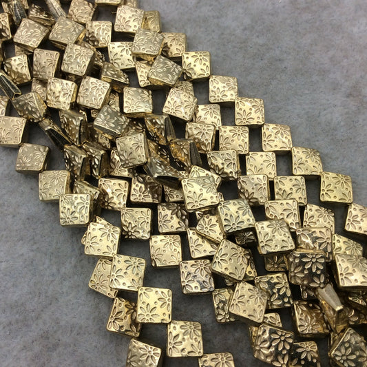 Gold Finish Floral Pattern Diamond Shape Plated Pewter Beads (15178)- 8" Strand (Approx. 23 Beads) - 9mm x 9mm - 1mm Hole Size