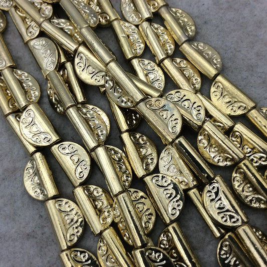 Gold Finish Swirl Pattern Folded/Half Oval Shape Plated Pewter Beads (46260)- 7-8" Strand (Approx. 16 Beads) - 8mm x 13mm - 2mm Hole Size
