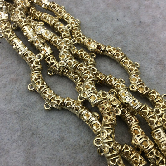 Gold Finish Curved Cutwork Pattern Barrel Shape Plated Pewter Beads With Ring - 8" Strand (Approx. 18 Beads) - 6mm x 12mm - 4mm Hole Size