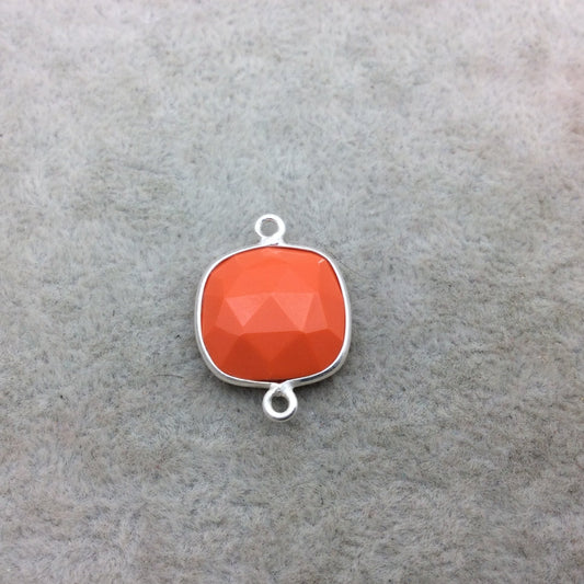 Sterling Silver Faceted Square Shape Opaque Orange Hydro (Man-made) Chalcedony Bezel Connector ~ 15mm x 15mm - Sold Per Each