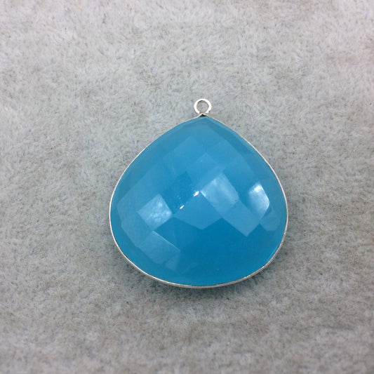 Sterling Silver Faceted Teardrop/Heart Shape Semi Opaque Aqua Blue Hydro (Man-made) Chalcedony Bezel Pendant ~ 32mm x 32mm - Sold Per Each