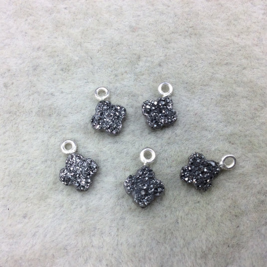 Medium Dark Silver Quatrefoil Shape Natural Druzy Pendant W Silver Ring - Measures 7mm x 7mm, Approx. - Sold Individually, Randomly Chosen