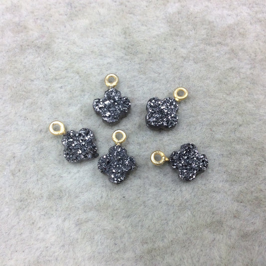 Large Dark Silver Quatrefoil Shape Natural Druzy Pendant W Gold Ring - Measures 8mm x 8mm, Approx. - Sold Individually, Randomly Chosen