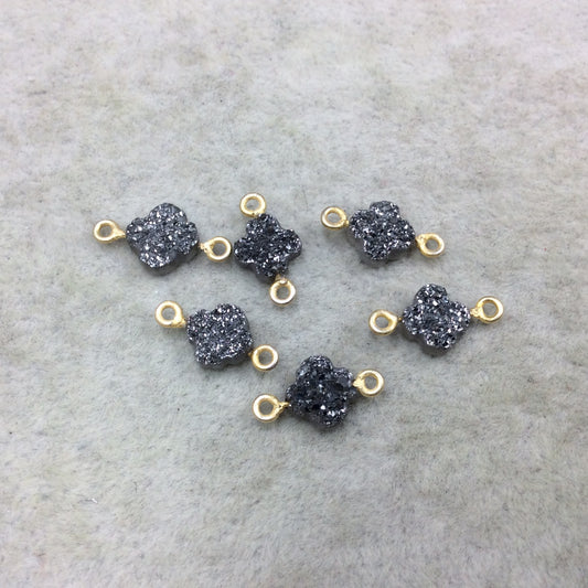 Large Dark Silver Quatrefoil Shape Natural Druzy Connector W Gold Rings - Measures 8mm x 8mm, Approx. - Sold Individually, Randomly Chosen