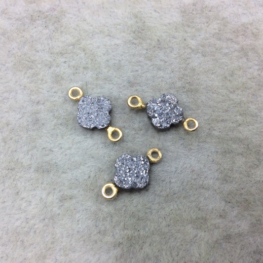Large Bright Silver Quatrefoil Shape Natural Druzy Connector W Gold Rings - Measures ~ 8mm x 8mm, - Sold Individually, Randomly Chosen
