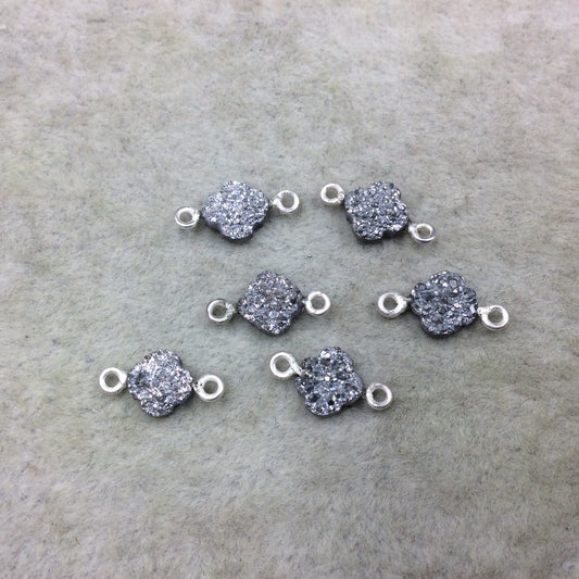 Large Bright Silver Quatrefoil Shape Natural Druzy Connector W Silver Rings - Measures ~ 8mm x 8mm, - Sold Individually, Randomly Chosen