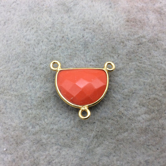 Gold Vermeil Faceted Half Moon Shaped Orange Hydro (Man-made) Chalcedony 3 Ring Bezel Connector - Measuring 12mm x 16mm - Sold Individually