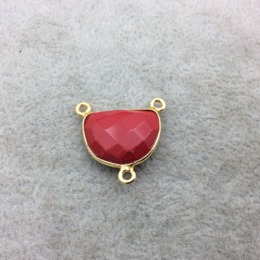 Gold Vermeil Faceted Half Moon Shaped Red Hydro (Man-made) Chalcedony 3 Ring Bezel Connector - Measuring 12mm x 16mm - Sold Individually