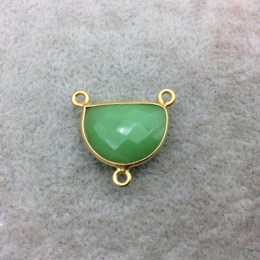 Gold Vermeil Faceted Half Moon Shaped Green Hydro (Man-made) Chalcedony 3 Ring Bezel Connector - Measuring 12mm x 16mm - Sold Individually