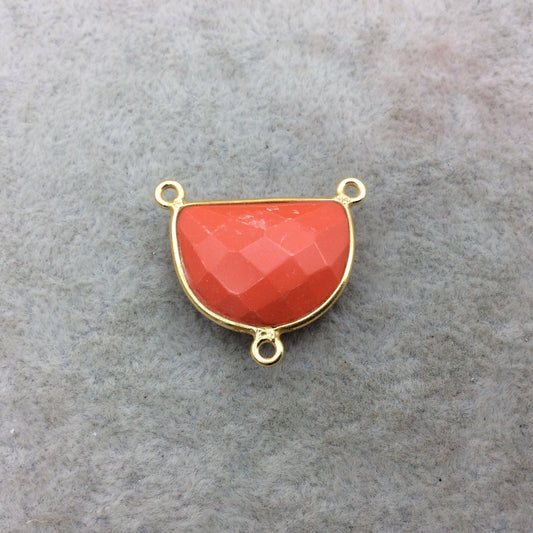Gold Vermeil Faceted Half Moon Shaped Orange Hydro (Man-made) Chalcedony 3 Ring Bezel Connector - Measuring 16mm x 20mm - Sold Individually