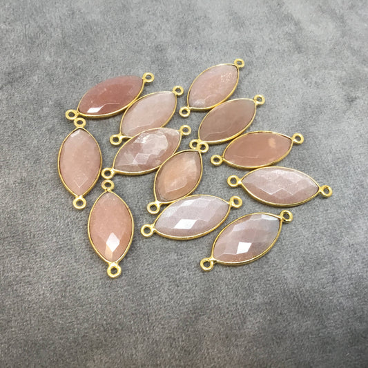 Gold Plated Natural Peach Moonstone Faceted Marquise Shaped Copper Bezel Connector - Measures 10mm x 20mm - Sold Individually, Random