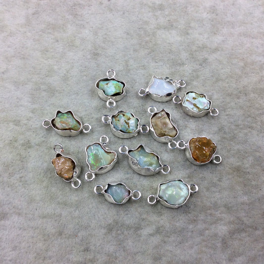 Silver Finish Small Raw Nugget Genuine Ethiopian Opal Wavy Bezel Connector ~ 10-14mm Long - Sold Individually, Selected At Randomly