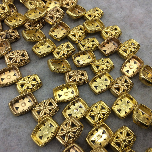 Gold Finish 2 Hole Puffed Flower Pattern Rectangle Shape Plated Pewter Beads - 8" Strand (Approx. 21 Beads) - 10mm x 14mm - TWO 1mm Holes