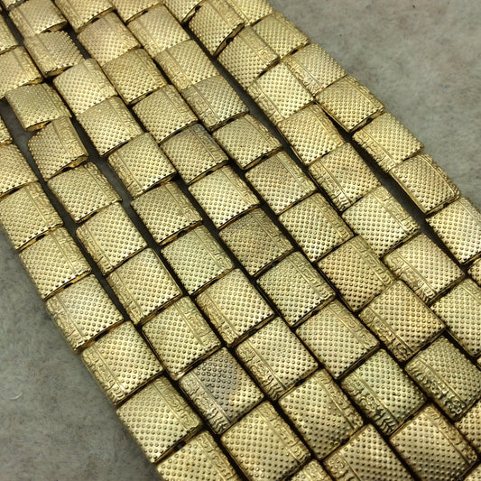 Gold Finish Dotted/Border Design Flat Rectangle Plated Pewter Beads (29281)- 7-8" Strand (Approx. 19 Beads) - 9mm x 10mm - 1mm Hole Size