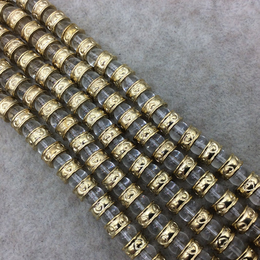 Gold Finish Heart Pattern Wheel/Donut Shape Plated Pewter Beads (13507)- 8" Strand (Approx. 25 Beads) - 5mm x 8mm - 6mm Hole Size