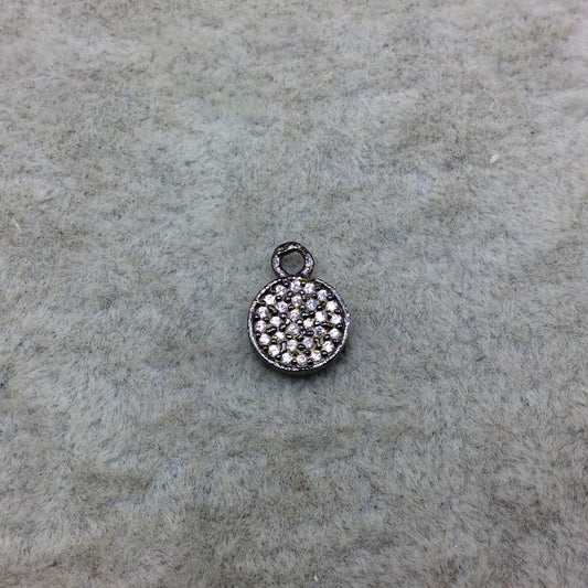 Tiny Gunmetal Finish Round/Coin Shaped CZ Cubic Zirconia Inlaid Plated Copper Pendant Component - Measuring 7mm x 7mm - Sold Individually