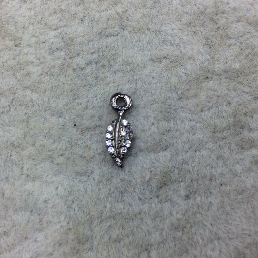 Tiny Gunmetal Finish Long Leaf Shaped CZ Cubic Zirconia Inlaid Plated Copper Pendant Component - Measuring 4mm x 8mm - Sold Individually
