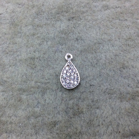 Tiny Silver Finish Teardrop Shaped CZ Cubic Zirconia Inlaid Plated Copper Pendant Component - Measuring 5mm x 8mm - Sold Individually