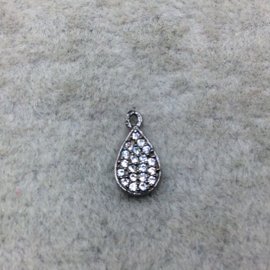 Tiny Gunmetal Finish Teardrop Shaped CZ Cubic Zirconia Inlaid Plated Copper Pendant Component - Measuring 5mm x 8mm - Sold Individually