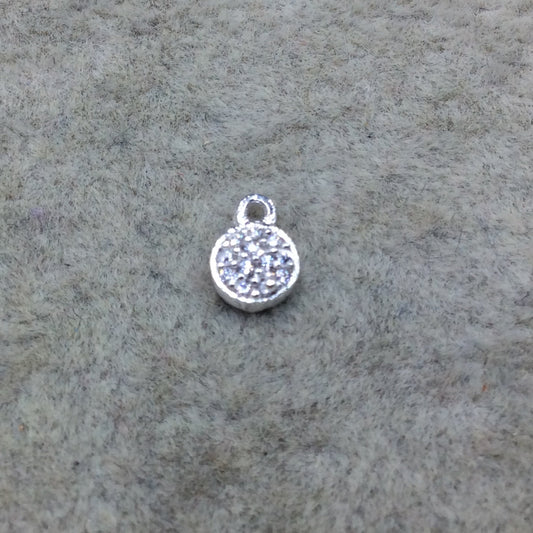 Tiny Silver Finish Round/Coin Shaped CZ Cubic Zirconia Inlaid Plated Copper Pendant Component - Measuring 5mm x 5mm - Sold Individually