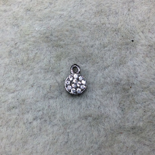 Tiny Gunmetal Finish Round/Coin Shaped CZ Cubic Zirconia Inlaid Plated Copper Pendant Component - Measuring 5mm x 5mm - Sold Individually