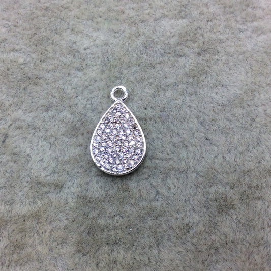 Tiny Silver Finish Teardrop Shaped CZ Cubic Zirconia Inlaid Plated Copper Pendant Component - Measuring 8mm x 12mm - Sold Individually