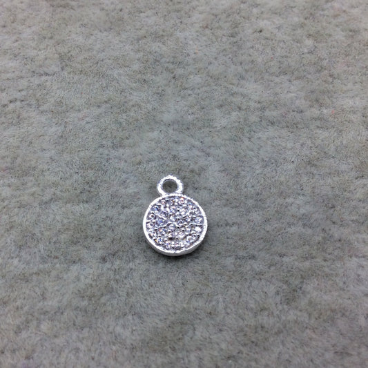Tiny Silver Finish Round/Coin Shaped CZ Cubic Zirconia Inlaid Plated Copper Pendant Component - Measuring 7mm x 7mm - Sold Individually
