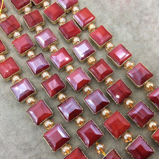 12mm x 12mm Gold Electroplated Glossy Finish Faceted Opaque Cadmium Red Crystal Square Beads - Sold by 7" Strands (10 Beads) -
