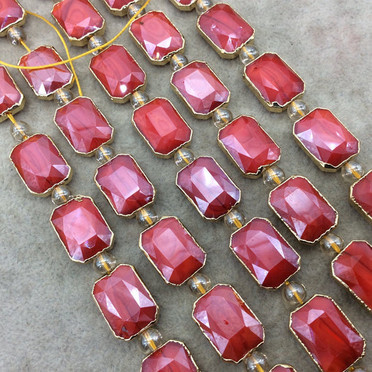 13mm x 18mm Gold Electroplated Glossy Finish Faceted Opaque Cadmium Red Crystal Rectangle Beads - Sold by 7" Strands (8 Beads) -