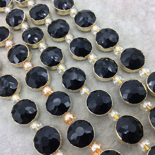 14mm x 14mm Gold Electroplated Glossy Finish Faceted Opaque Black Onyx Crystal Round/Coin Beads - Sold by 7" Strands (10 Beads) -