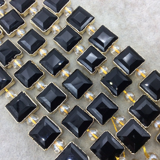 12mm x 12mm Gold Electroplated Glossy Finish Faceted Opaque Black Onyx Crystal Square Beads - Sold by 7" Strands (10 Beads) -