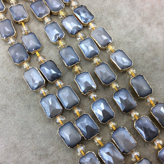 10mm x 14mm Gold Electroplated Glossy Finish Faceted Opaque Gray Crystal Rectangle Beads - Sold by 7" Strands (10 Beads) -