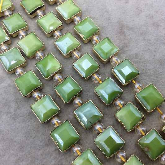 12mm x 12mm Gold Electroplated Glossy Finish Faceted Opaque Apple Green Crystal Square Beads - Sold by 7" Strands (10 Beads) -