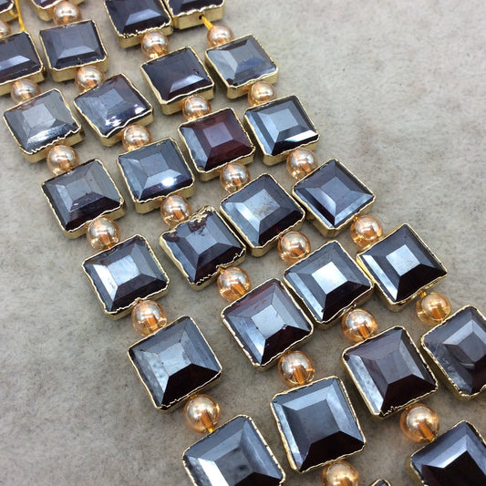 12mm x 12mm Gold Electroplated Glossy Finish Faceted Opaque Black Ruby Crystal Square Beads - Sold by 7" Strands (10 Beads) -