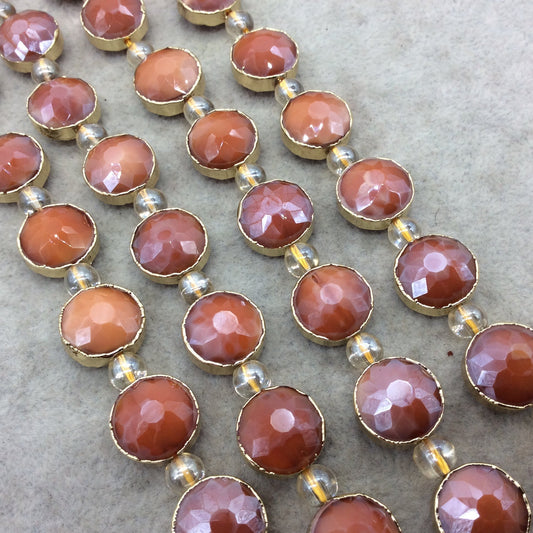 14mm x 14mm Gold Electroplated Glossy Finish Faceted Opaque Burnt Orange Crystal Round/Coin Beads - Sold by 7" Strands (10 Beads) -