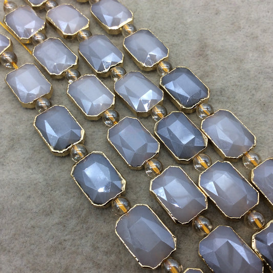 13mm x 18mm Gold Electroplated Glossy Finish Faceted Opaque Pale Gray Crystal Rectangle Beads - Sold by 7" Strands (8 Beads) -