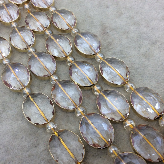 16mm x 20mm Gold Electroplated Glossy Finish Faceted Transparent Clear Crystal Oval Beads - Sold by 7" Strands (7 Beads) -