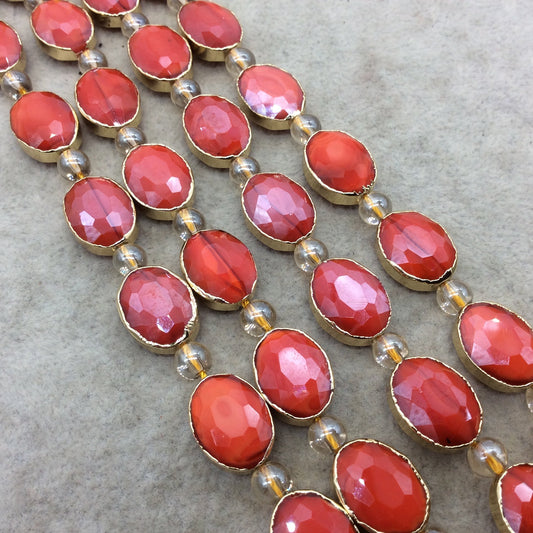 12mm x 16mm Gold Electroplated Glossy Finish Faceted Opaque Orange Red Crystal Oval Beads - Sold by 7" Strands (9 Beads) -