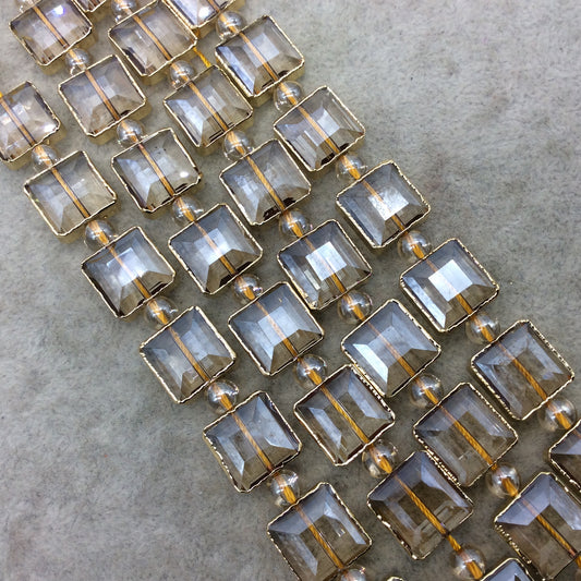 12mm x 12mm Gold Electroplated Glossy Finish Faceted Transparent Pale Champagne Crystal Square Beads - Sold by 7" Strands (10 Beads) -